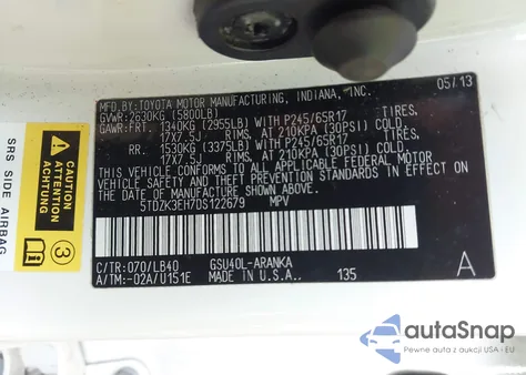 2013 Toyota Highlander Se V6 z USA, uszkodzony, nr VIN 5TDZK3EH7DS122679